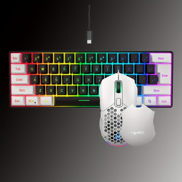 HXSJ Teclado y ratón ergonómicos compactos RGB del 60% y ratón para juegos, mini con cable de 61 teclas, cubierta trasera de luz RGB intercambiable, detección de movimiento óptico, material ABS, con teclado y ratón, para portátil, PC, Mac, PS4, Xbox