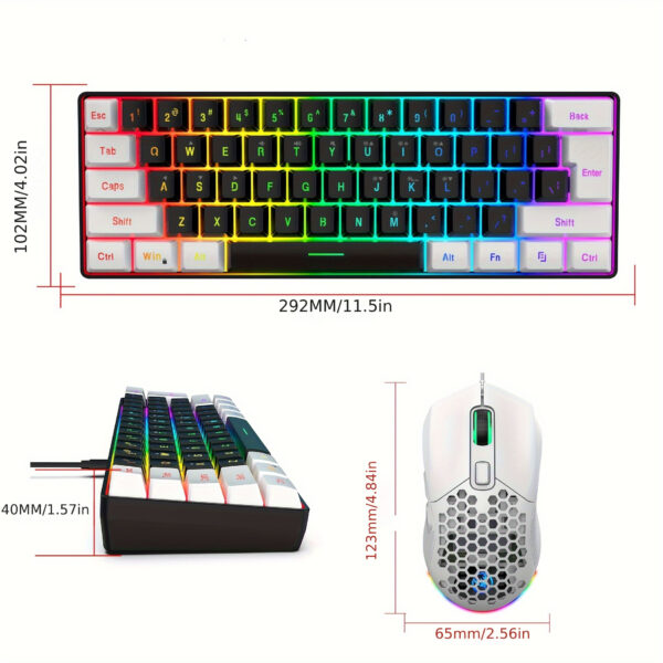 HXSJ Teclado y ratón ergonómicos compactos RGB del 60% y ratón para juegos, mini con cable de 61 teclas, cubierta trasera de luz RGB intercambiable, detección de movimiento óptico, material ABS, con teclado y ratón, para portátil, PC, Mac, PS4, Xbox - Imagen 7