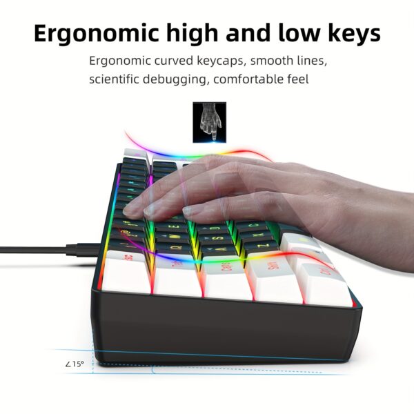 HXSJ Teclado y ratón ergonómicos compactos RGB del 60% y ratón para juegos, mini con cable de 61 teclas, cubierta trasera de luz RGB intercambiable, detección de movimiento óptico, material ABS, con teclado y ratón, para portátil, PC, Mac, PS4, Xbox - Imagen 6