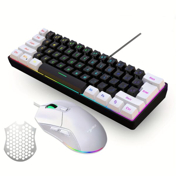 HXSJ Teclado y ratón ergonómicos compactos RGB del 60% y ratón para juegos, mini con cable de 61 teclas, cubierta trasera de luz RGB intercambiable, detección de movimiento óptico, material ABS, con teclado y ratón, para portátil, PC, Mac, PS4, Xbox - Imagen 5