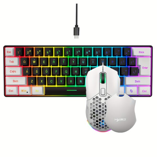 HXSJ Teclado y ratón ergonómicos compactos RGB del 60% y ratón para juegos, mini con cable de 61 teclas, cubierta trasera de luz RGB intercambiable, detección de movimiento óptico, material ABS, con teclado y ratón, para portátil, PC, Mac, PS4, Xbox - Imagen 3