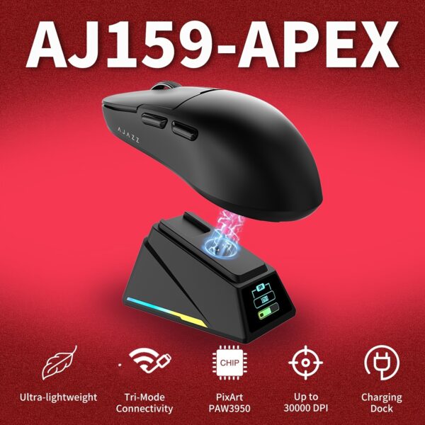 Ratón de juego Ultra HD 8K AJ159APEX con base de carga magnética, PAW3950 inalámbrico, 3 modos, batería, detección de movimiento óptico, carga USB-C, diseño ambidiestro, pantalla de color - Ideal para PC y PS5, accesorio de ratón - Imagen 4