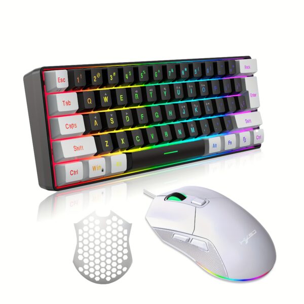 HXSJ Teclado y ratón ergonómicos compactos RGB del 60% y ratón para juegos, mini con cable de 61 teclas, cubierta trasera de luz RGB intercambiable, detección de movimiento óptico, material ABS, con teclado y ratón, para portátil, PC, Mac, PS4, Xbox - Imagen 4