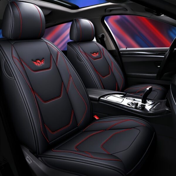 1pc Funda de Asiento de Coche de Cuero PU Ajustable, Protector de Asiento Delantero Transpirable con Compatibilidad de Cojín de Seguridad, Relleno de Esponja, Tejido No Textil, Diseño Ergonómico Elegante con Costuras de Acento Rojo, Disponible en Negro/Marrón/Beige/Azul/Rojo/Taupe, Compatible con la Mayoría de Modelos de Coches - Imagen 7