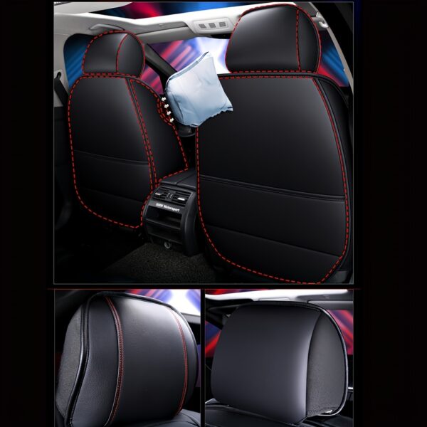 1pc Funda de Asiento de Coche de Cuero PU Ajustable, Protector de Asiento Delantero Transpirable con Compatibilidad de Cojín de Seguridad, Relleno de Esponja, Tejido No Textil, Diseño Ergonómico Elegante con Costuras de Acento Rojo, Disponible en Negro/Marrón/Beige/Azul/Rojo/Taupe, Compatible con la Mayoría de Modelos de Coches - Imagen 16