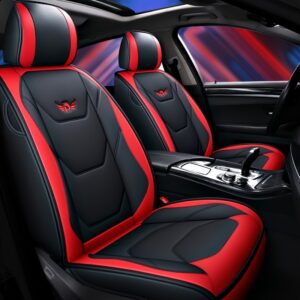 1pc Funda de Asiento de Coche de Cuero PU Ajustable, Protector de Asiento Delantero Transpirable con Compatibilidad de Cojín de Seguridad, Relleno de Esponja, Tejido No Textil, Diseño Ergonómico Elegante con Costuras de Acento Rojo, Disponible en Negro/Marrón/Beige/Azul/Rojo/Taupe, Compatible con la Mayoría de Modelos de Coches