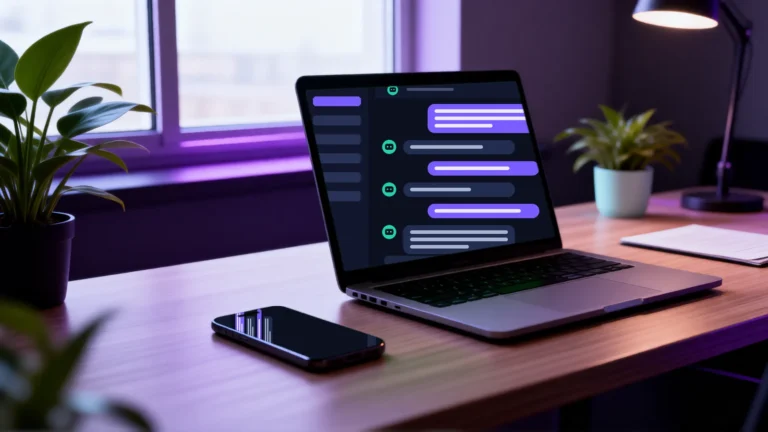 Chatbot de atención al cliente conversando con usuarios en un móvil y un portátil sobre un escritorio de oficina moderno